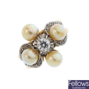 A diamond and cultured pearl dress ring.