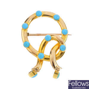 An early 20th century gold reconstituted turquoise brooch.