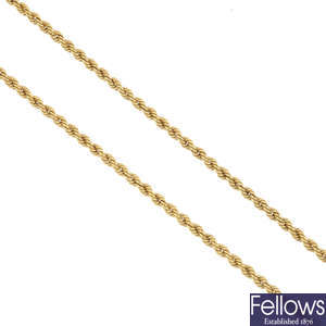 Two 9ct gold bracelets and a necklace.