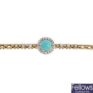 A turquoise and diamond cluster bracelet.
