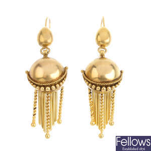 A pair of Victorian 15ct gold earrings.