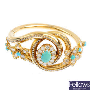 A turquoise and diamond hinged bangle.