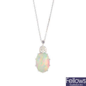 An opal and diamond pendant, with chain.