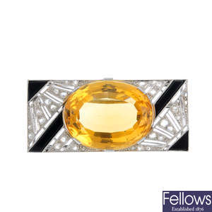 A citrine, enamel and colourless gem brooch.