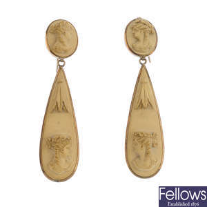 A pair of late Victorian lava cameo earrings.