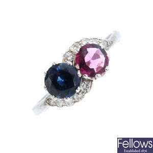 A garnet and sapphire crossover ring.