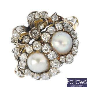 A split pearl and diamond crowned heart ring.