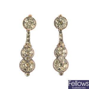 A pair of Georgian late 18th century Portuguese silver and gold, chrysoberyl earrings.