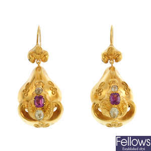 A pair of late Victorian gold gem-set earrings.