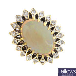 A mid 20th century 18ct gold, opal and diamond cluster ring.