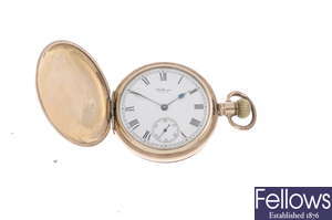 A rolled gold full hunter pocket watch by Waltham.