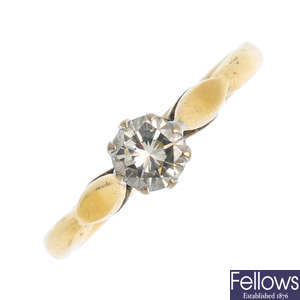 A 1960s 18ct gold diamond single-stone ring.