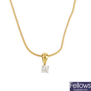 Two diamond pendants, with 18ct gold chains.