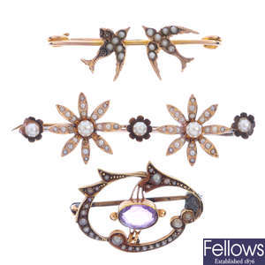 Three early 20th century gem-set brooches.
