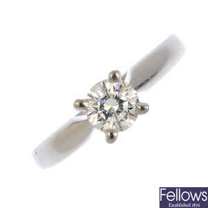A platinum diamond single-stone ring.  