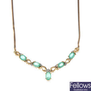 A 9ct gold emerald and diamond pendant, with chain.