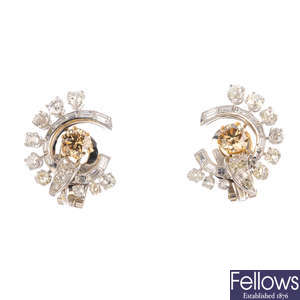 A pair of 'coloured' diamond and diamond earrings.