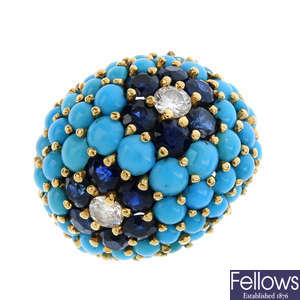 KUTCHINSKY - a 1960s 18ct gold turquoise, sapphire and diamond ring.