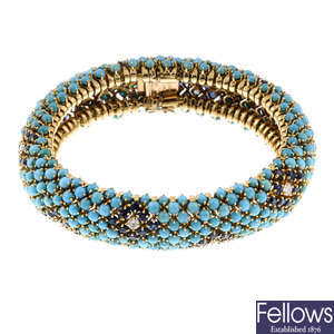 KUTCHINSKY - a 1960s 18ct gold turquoise, sapphire and diamond bracelet.