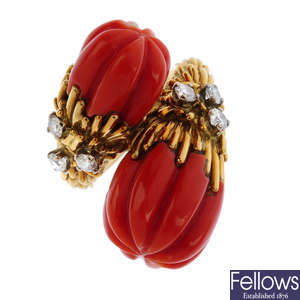 KUTCHINSKY - a 1970s 18ct gold coral and diamond ring.