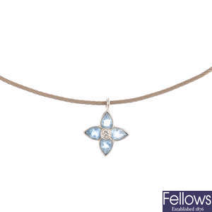 BOODLE & DUNTHORNE - an 18ct gold 'Flower Press' aquamarine and diamond pendant, with collar.