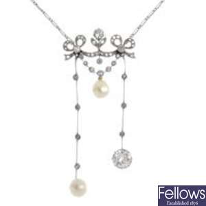 An Edwardian Belle Epoque platinum, natural pearl and diamond negligee pendant.