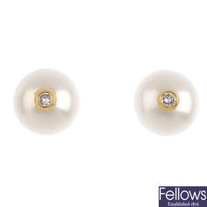 A pair of 18ct gold cultured pearl and diamond ear studs.