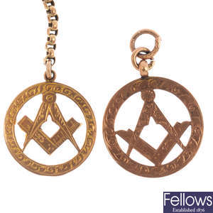 Two early 20th century 9ct gold Masonic pendants.