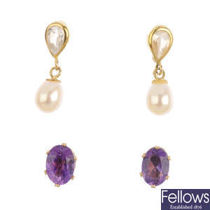 Five pairs of gem-set earrings.