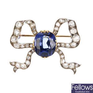 A late Victorian diamond and synthetic sapphire bow brooch.