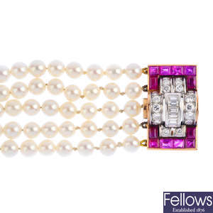 An Art Deco cultured pearl, diamond and ruby bracelet.
