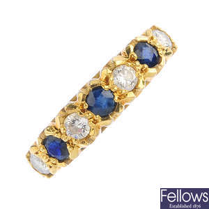An 18ct gold sapphire and diamond ring, and a synthetic ruby brooch.