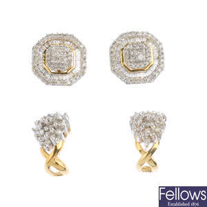 Two pairs of 9ct gold diamond cluster earrings.