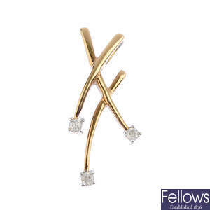 A 9ct gold diamond pendant and two pairs of 9ct gold gem-set earrings.