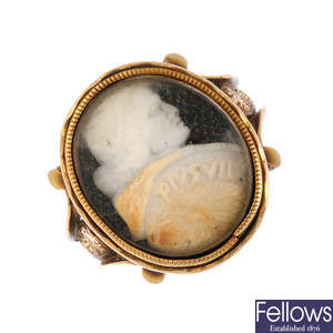 A late Georgian gold shell cameo ring of Pope Pius VII.