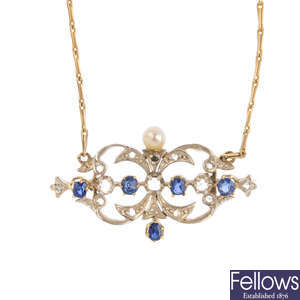 A sapphire, diamond and cultured pearl necklace.