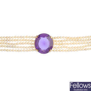 A synthetic sapphire and seed pearl bracelet.
