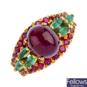 An 18ct gold ruby and emerald dress ring.