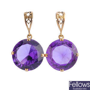 A pair of synthetic sapphire earrings.