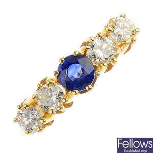 An 18ct gold diamond and sapphire five-stone ring.