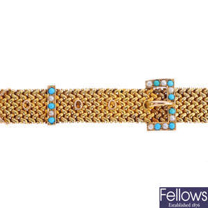 An early 20th century 15ct gold, turquoise and split pearl buckle bracelet.