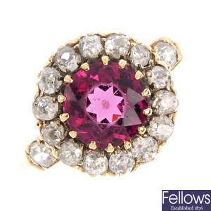 A mid 20th century gold diamond and spinel cluster ring.
