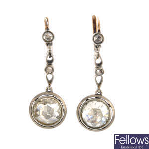 A pair of late 19th century continental gold and silver diamond earrings.