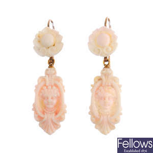 A set of mid Victorian conch shell and diamond cameo jewellery.