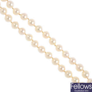 A cultured pearl single-strand necklace, with an 18ct gold cultured pearl and diamond clasp.