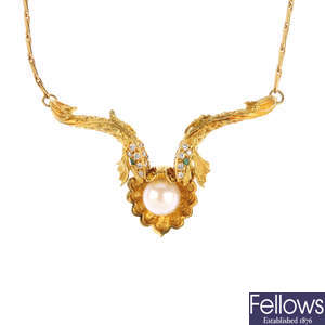 GARRARD - a cultured pearl and gem-set necklace.