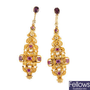 A pair of early Victorian gold ruby earrings.