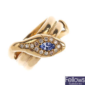 An early 20th century sapphire and diamond snake ring.