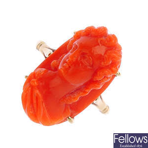 An early 20th century coral cameo ring.