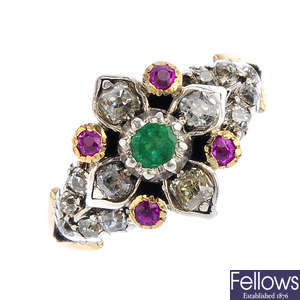 An early 20th century emerald, ruby and diamond dress ring.